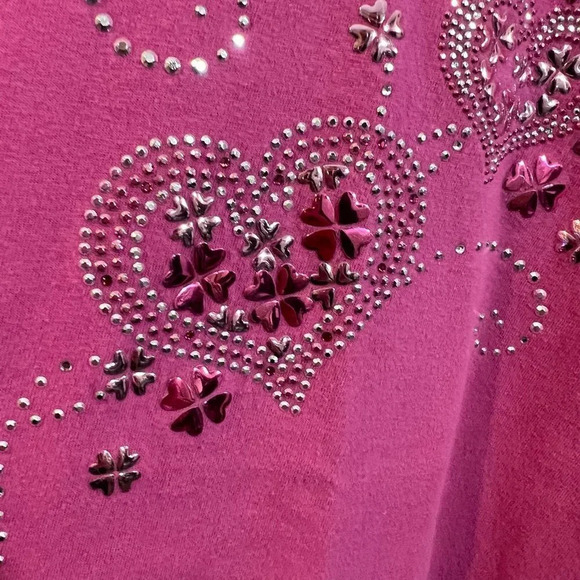 Top Stitch Pink Crewneck T Shirt Rhinestone Studded Applique Hearts Short Sleeve - Picture 5 of 7